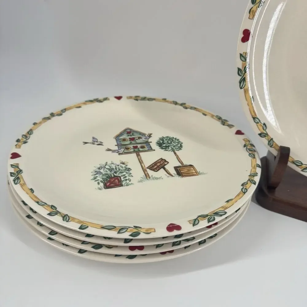 Thompson Pottery Birdhouse Dinner Plates SET OF 3 10.25” Cottage Farmhouse Vtg